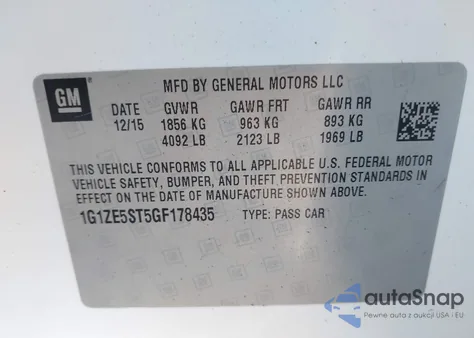 2016 Chevrolet Malibu 1Lt из США, поврежденный, VIN 1G1ZE5ST5GF178435